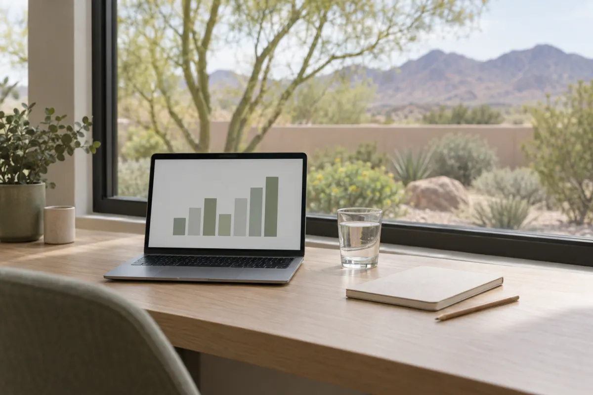 A laptop showing a bar chart on a desk by a window with a desert view.